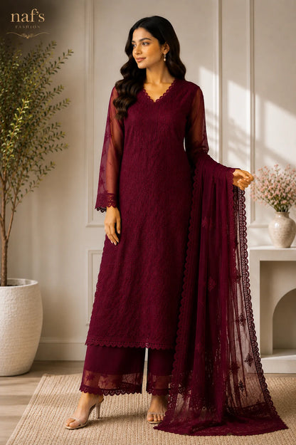 Wine Georgette Chikankari Embroidery Kurta With Pant And Dupatta For Women