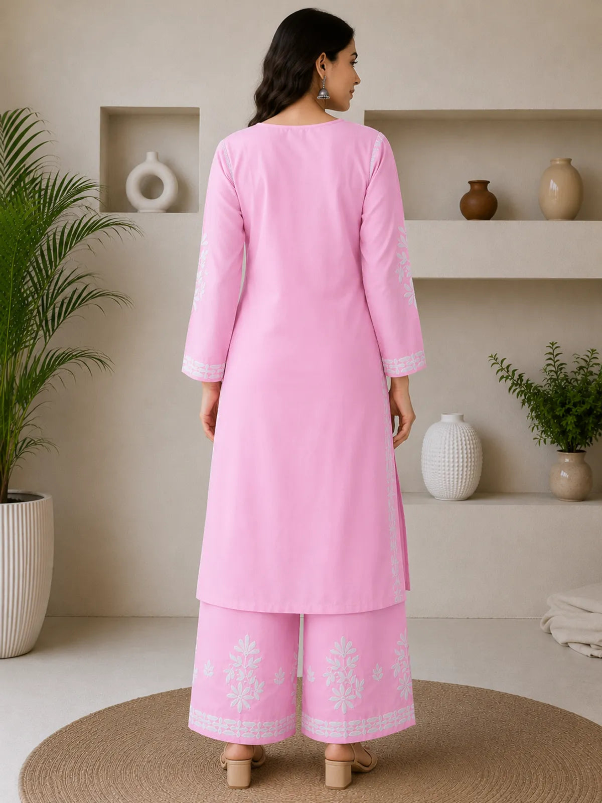 Baby Pink Rayon Cotton Chikankari Embroidery Kurta With Palazzo For Women