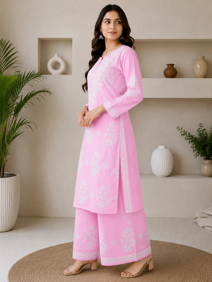 Baby Pink Rayon Cotton Chikankari Embroidery Kurta With Palazzo For Women