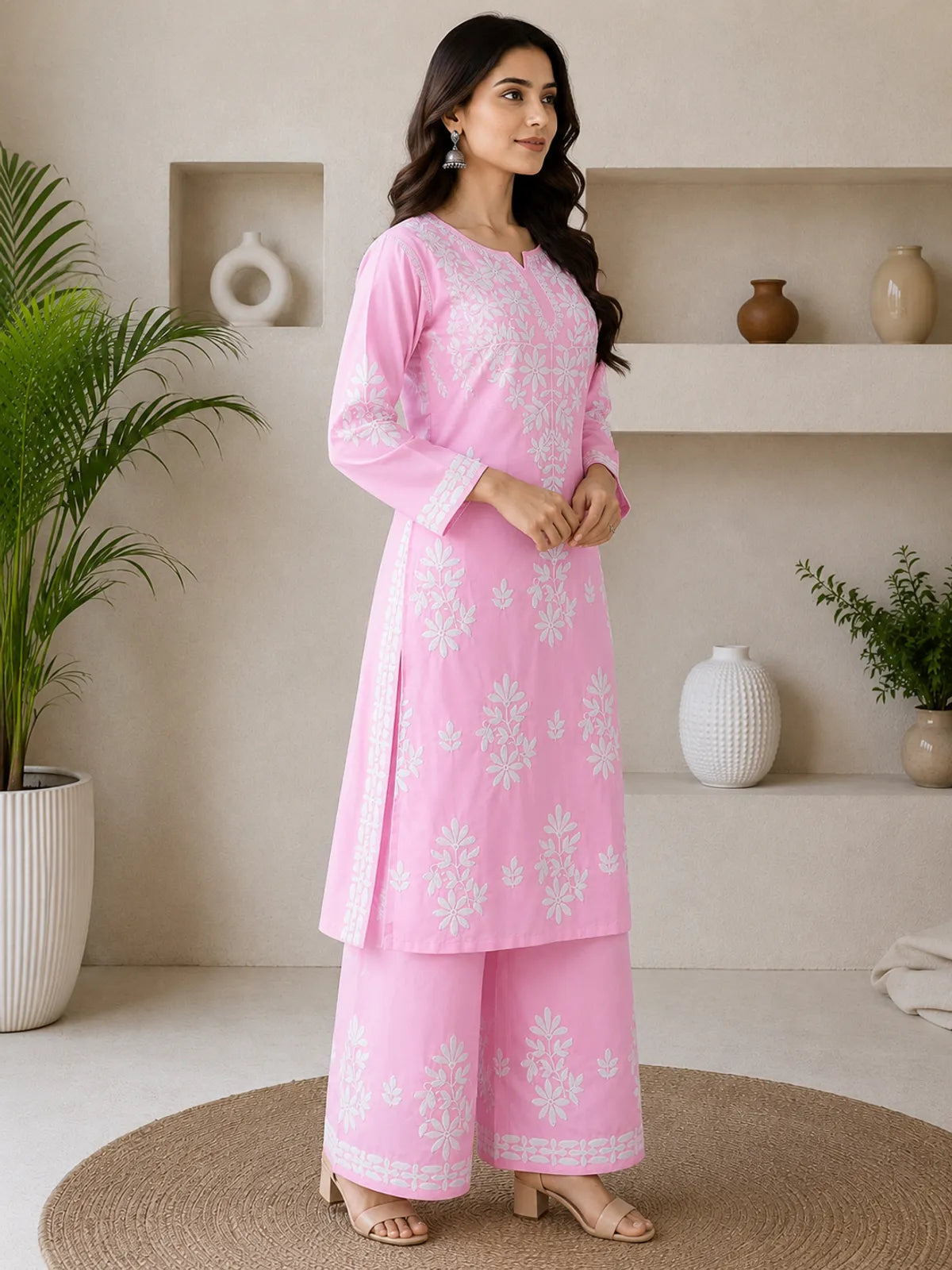 Baby Pink Rayon Cotton Chikankari Embroidery Kurta With Palazzo For Women