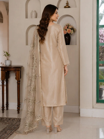 Metallic Beige Jimmy Choo Embroidered Cut Work Kurta With Pant & Dupatta Set