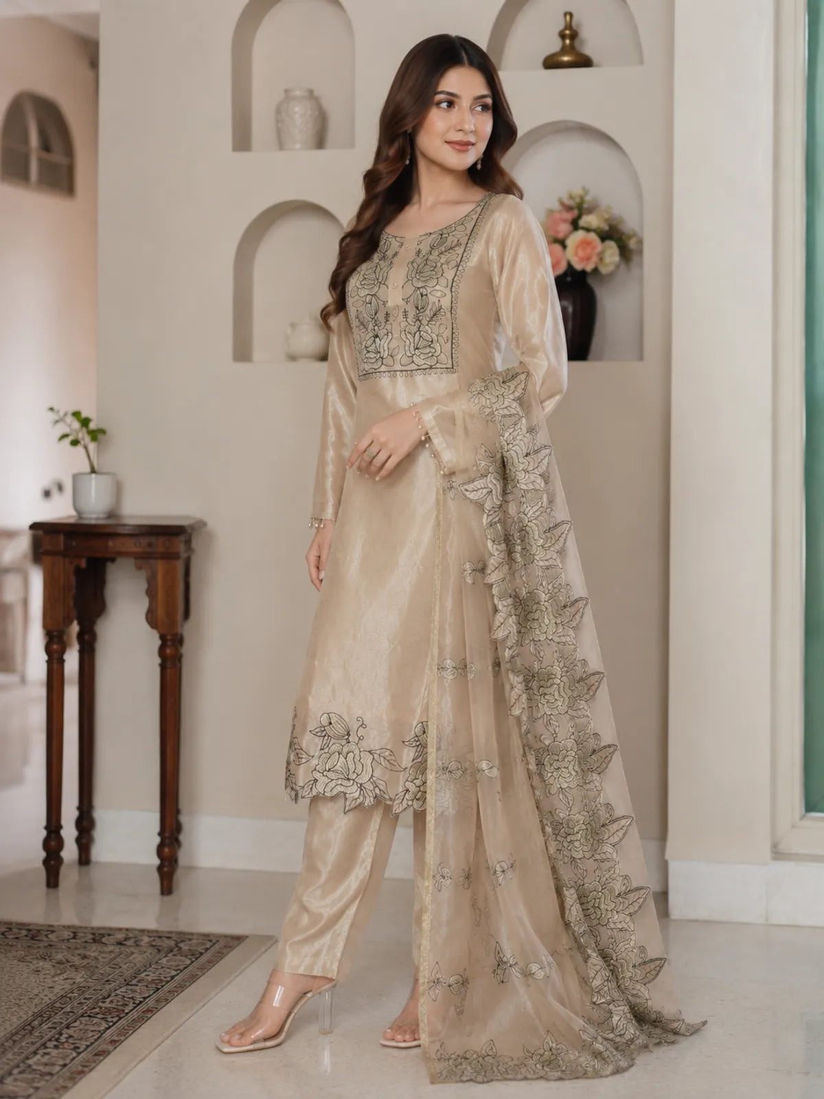 Metallic Beige Jimmy Choo Embroidered Cut Work Kurta With Pant & Dupatta Set