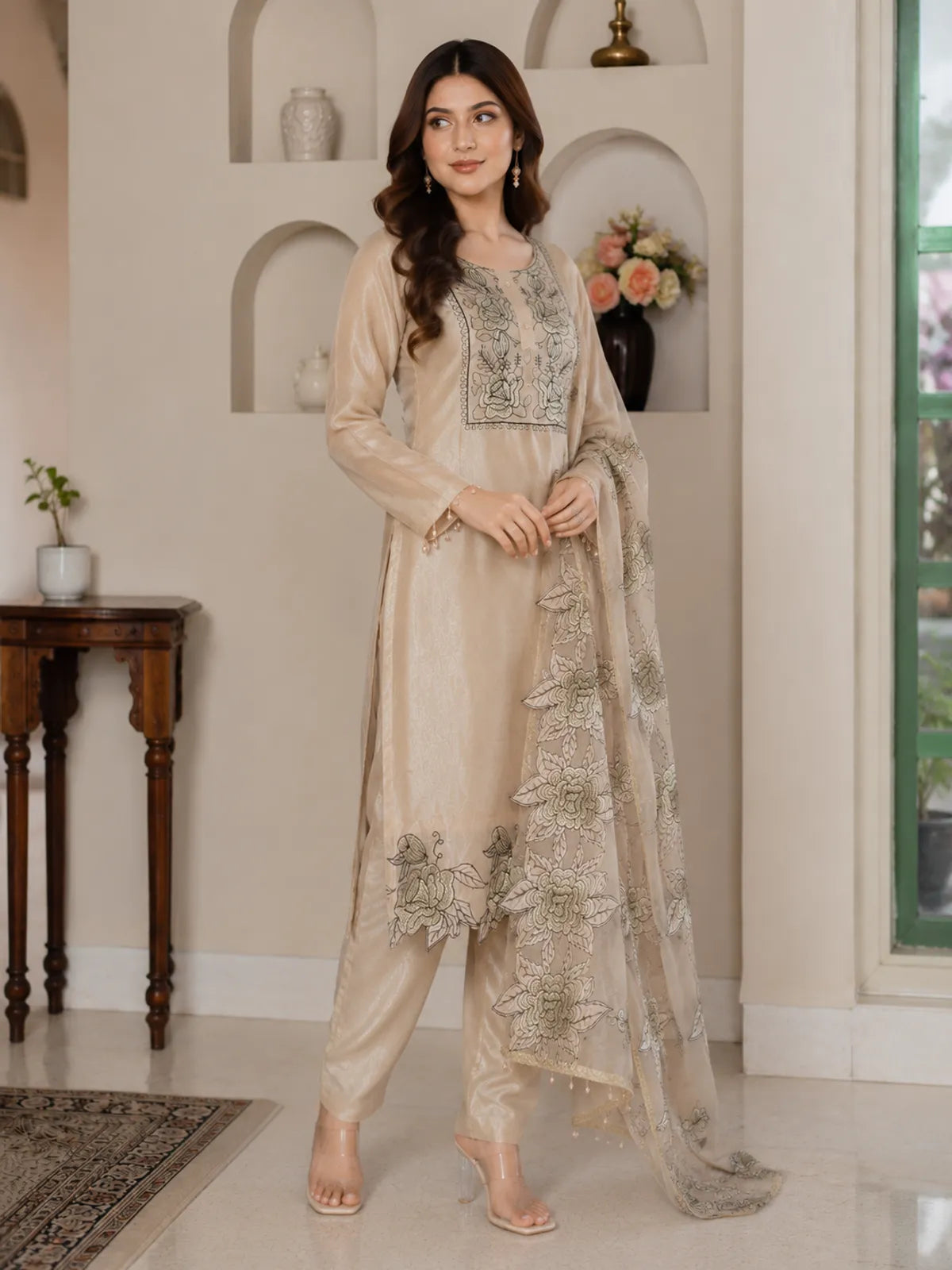 Metallic Beige Jimmy Choo Embroidered Cut Work Kurta With Pant & Dupatta Set