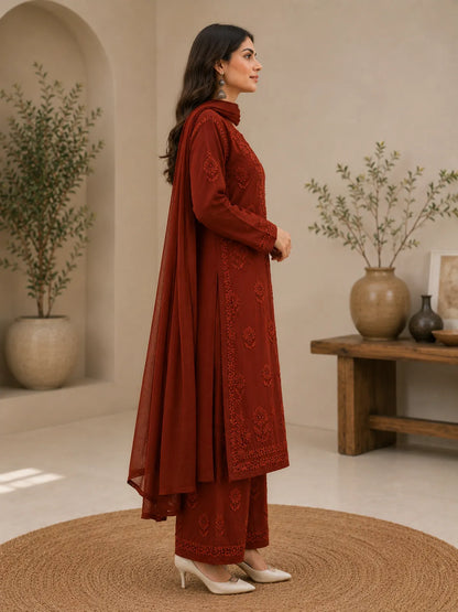 Brown Georgette Chikankari Embroidery Kurta With Pant And Dupatta For Women