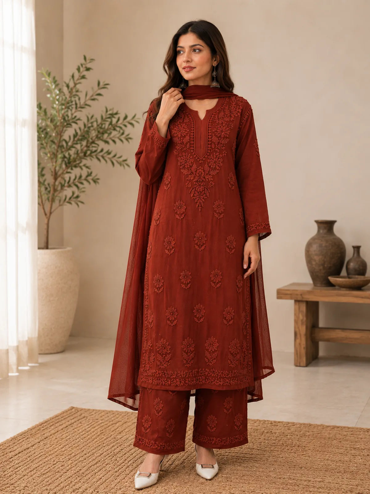 Brown Georgette Chikankari Embroidery Kurta With Pant And Dupatta For Women