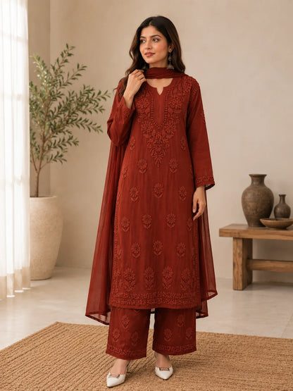 Brown Georgette Chikankari Embroidery Kurta With Pant And Dupatta For Women