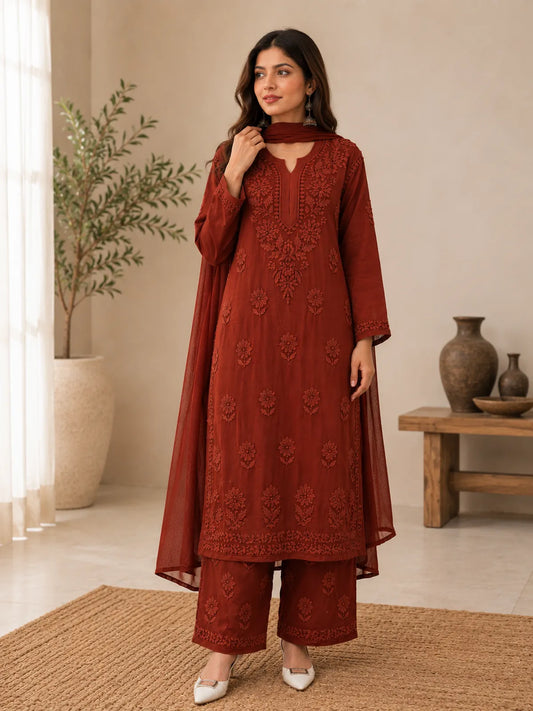 Brown Georgette Chikankari Embroidery Kurta With Pant And Dupatta For Women