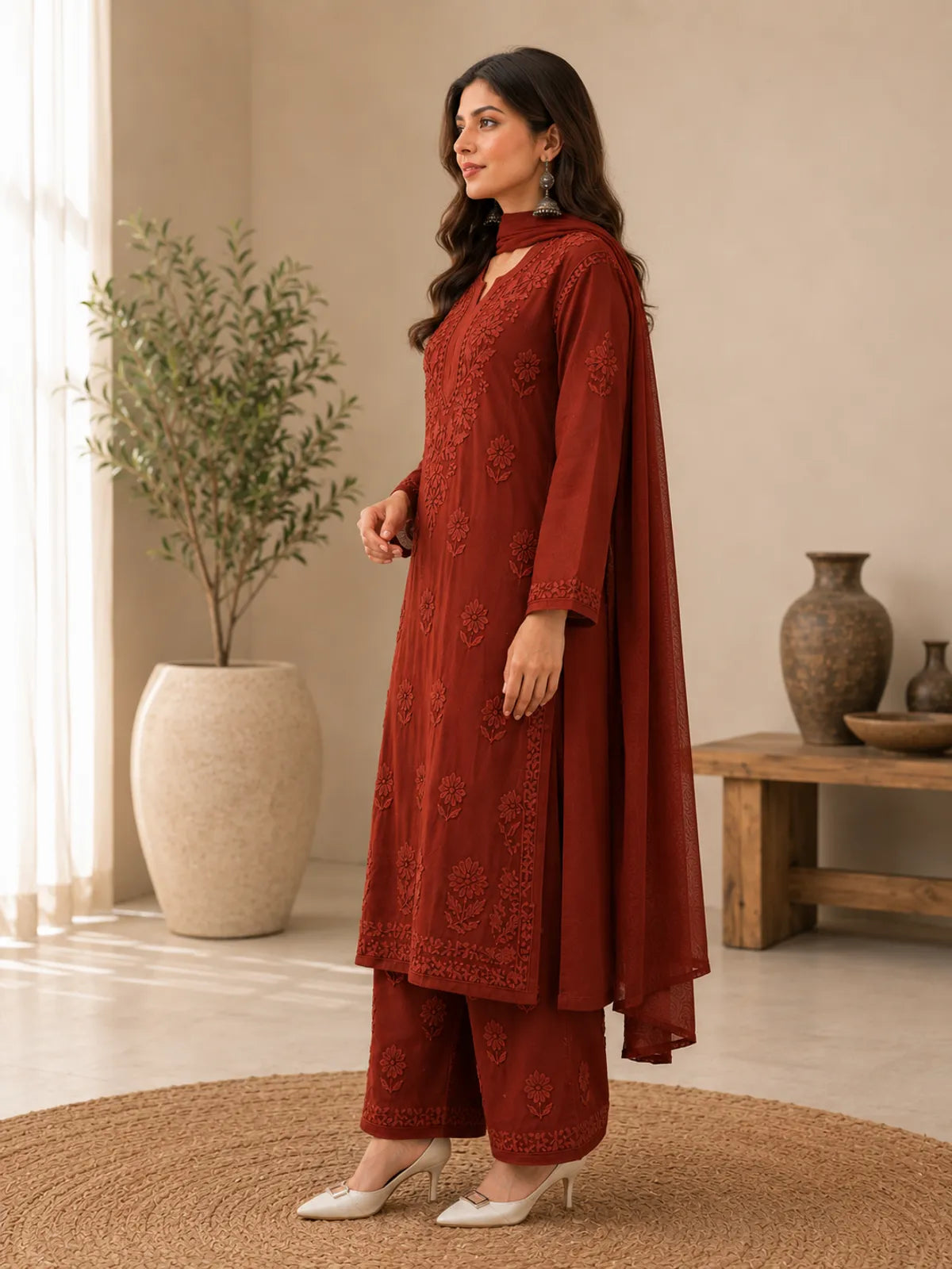 Brown Georgette Chikankari Embroidery Kurta With Pant And Dupatta For Women