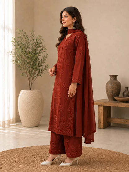 Brown Georgette Chikankari Embroidery Kurta With Pant And Dupatta For Women