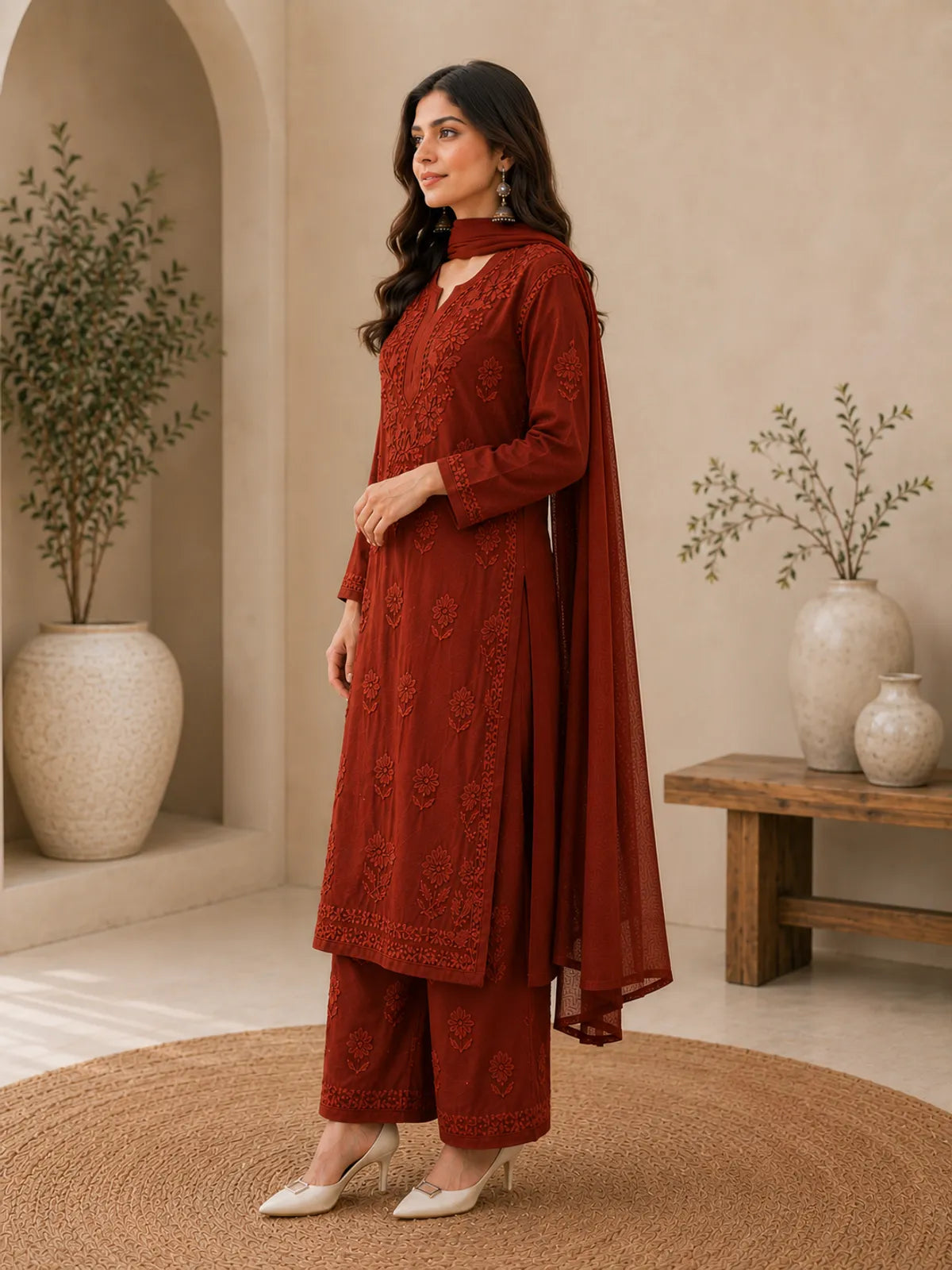 Brown Georgette Chikankari Embroidery Kurta With Pant And Dupatta For Women