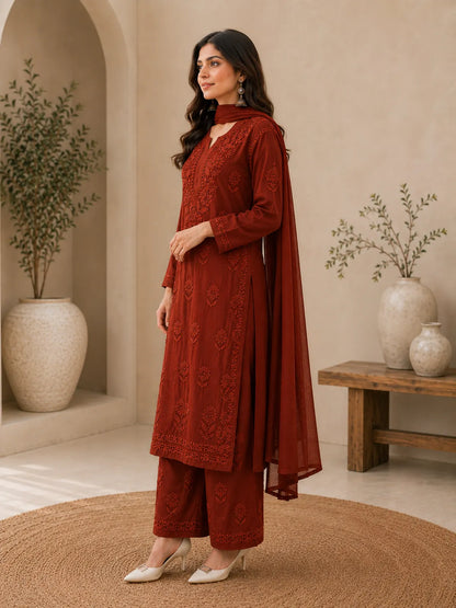 Brown Georgette Chikankari Embroidery Kurta With Pant And Dupatta For Women