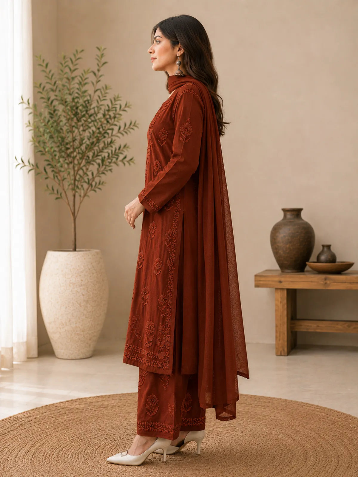 Brown Georgette Chikankari Embroidery Kurta With Pant And Dupatta For Women