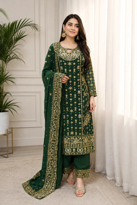 Dark Green Heavy Embroidered Party Wear Kurta With Palazzo And Dupatta For Women