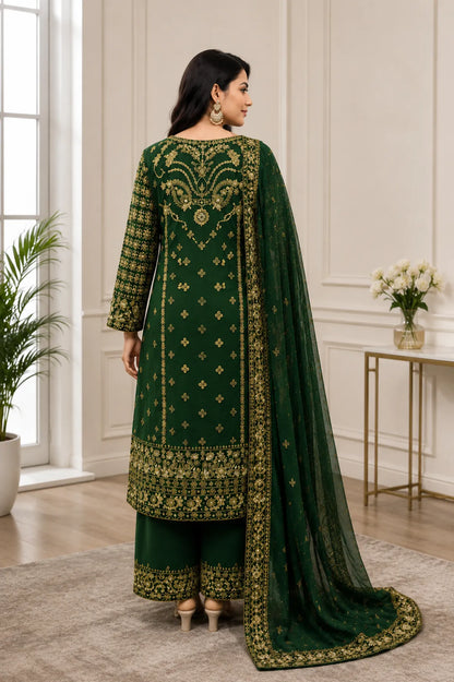 Dark Green Heavy Embroidered Party Wear Kurta With Palazzo And Dupatta For Women