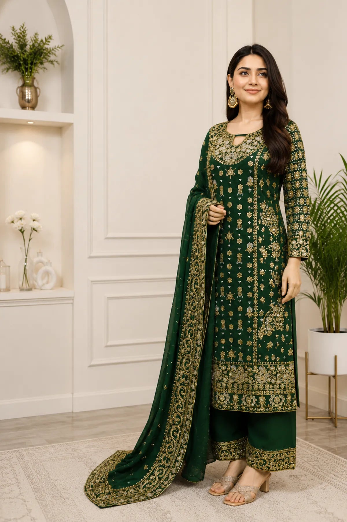 Dark Green Heavy Embroidered Party Wear Kurta With Palazzo And Dupatta For Women