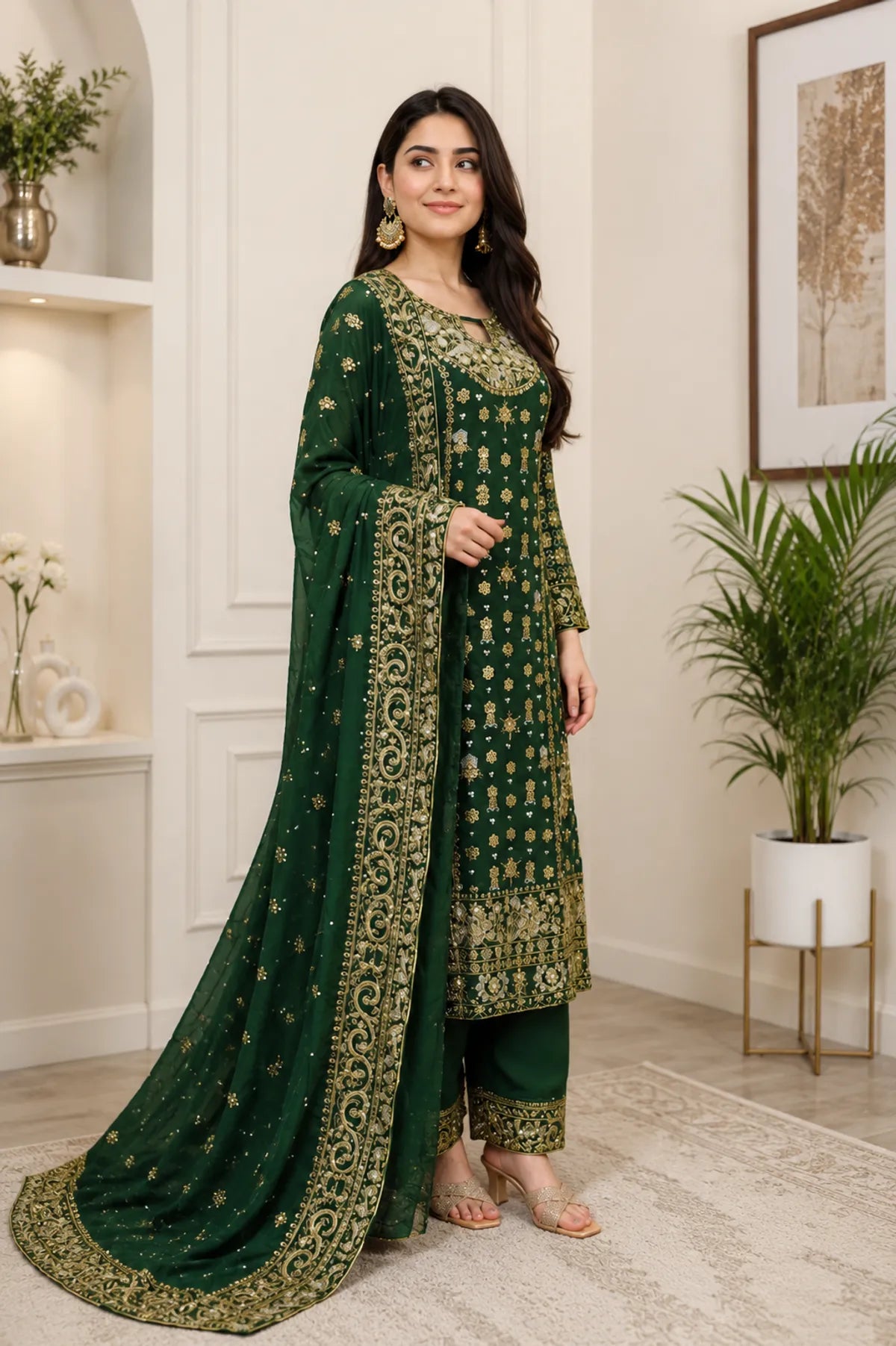 Dark Green Heavy Embroidered Party Wear Kurta With Palazzo And Dupatta For Women