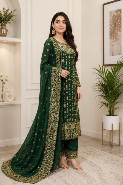Dark Green Heavy Embroidered Party Wear Kurta With Palazzo And Dupatta For Women