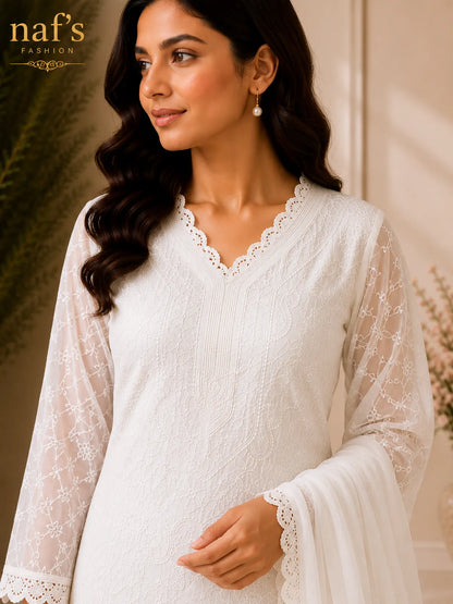 White Georgette Chikankari Embroidery Kurta With Pant And Dupatta For Women