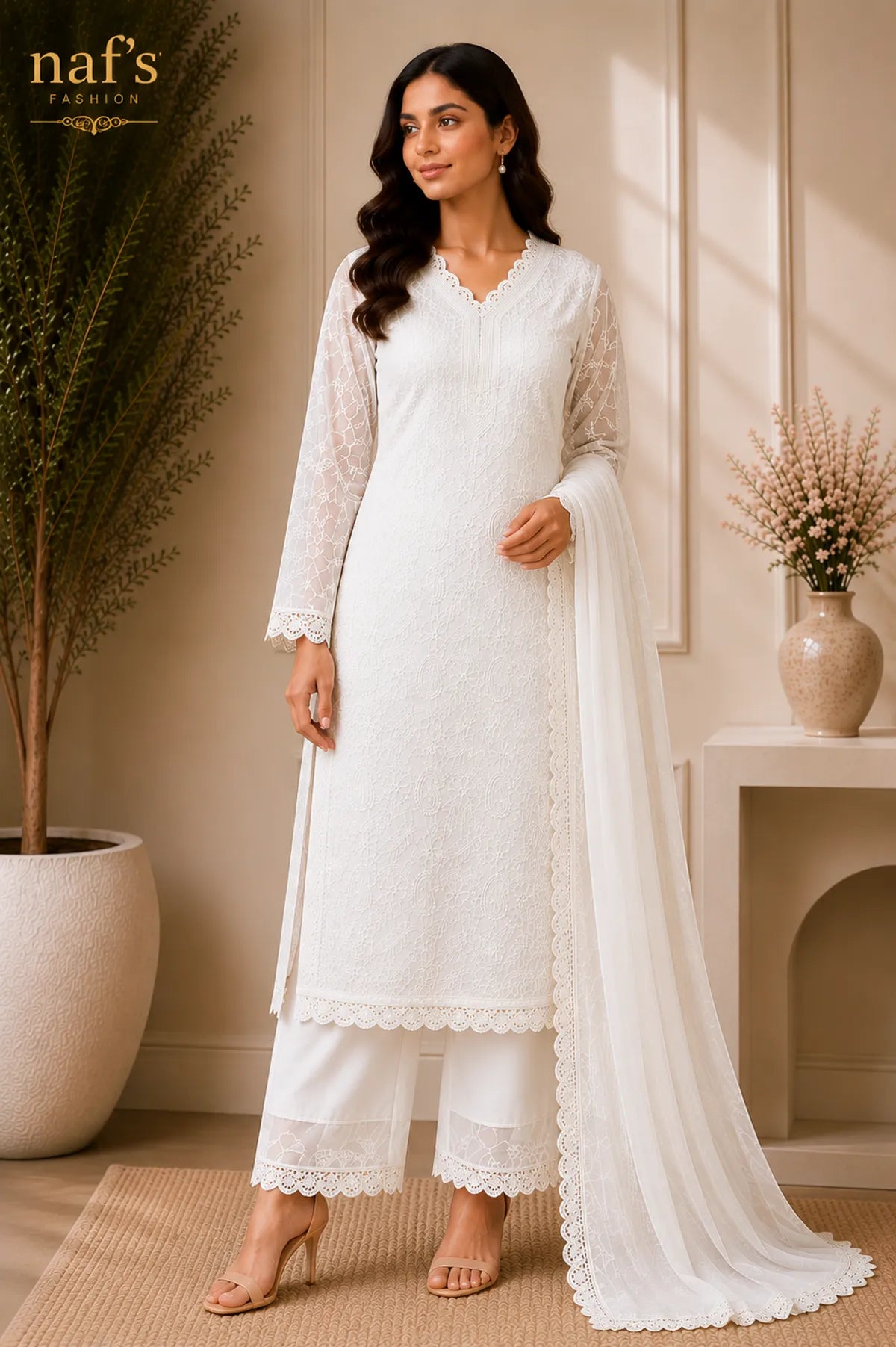 White Georgette Chikankari Embroidery Kurta With Pant And Dupatta For Women