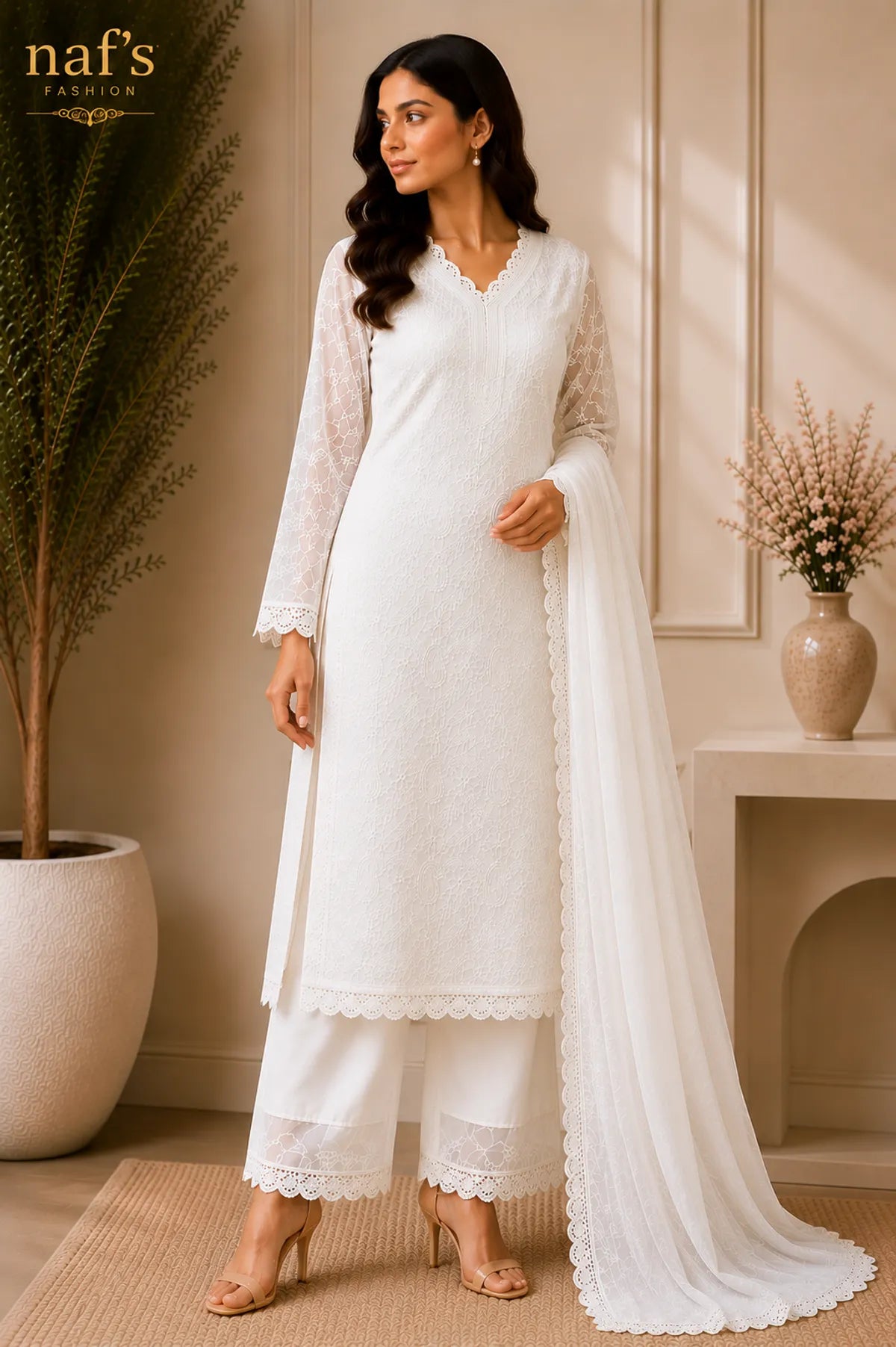White Georgette Chikankari Embroidery Kurta With Pant And Dupatta For Women